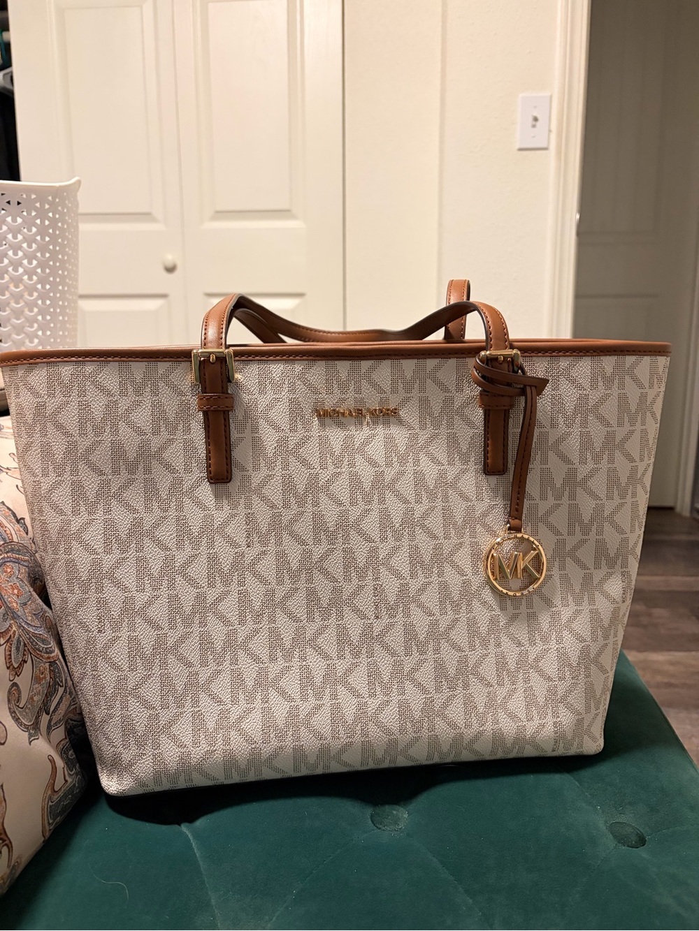 Michael Kors White and Brown MK Logo Tote with Gold Hardware